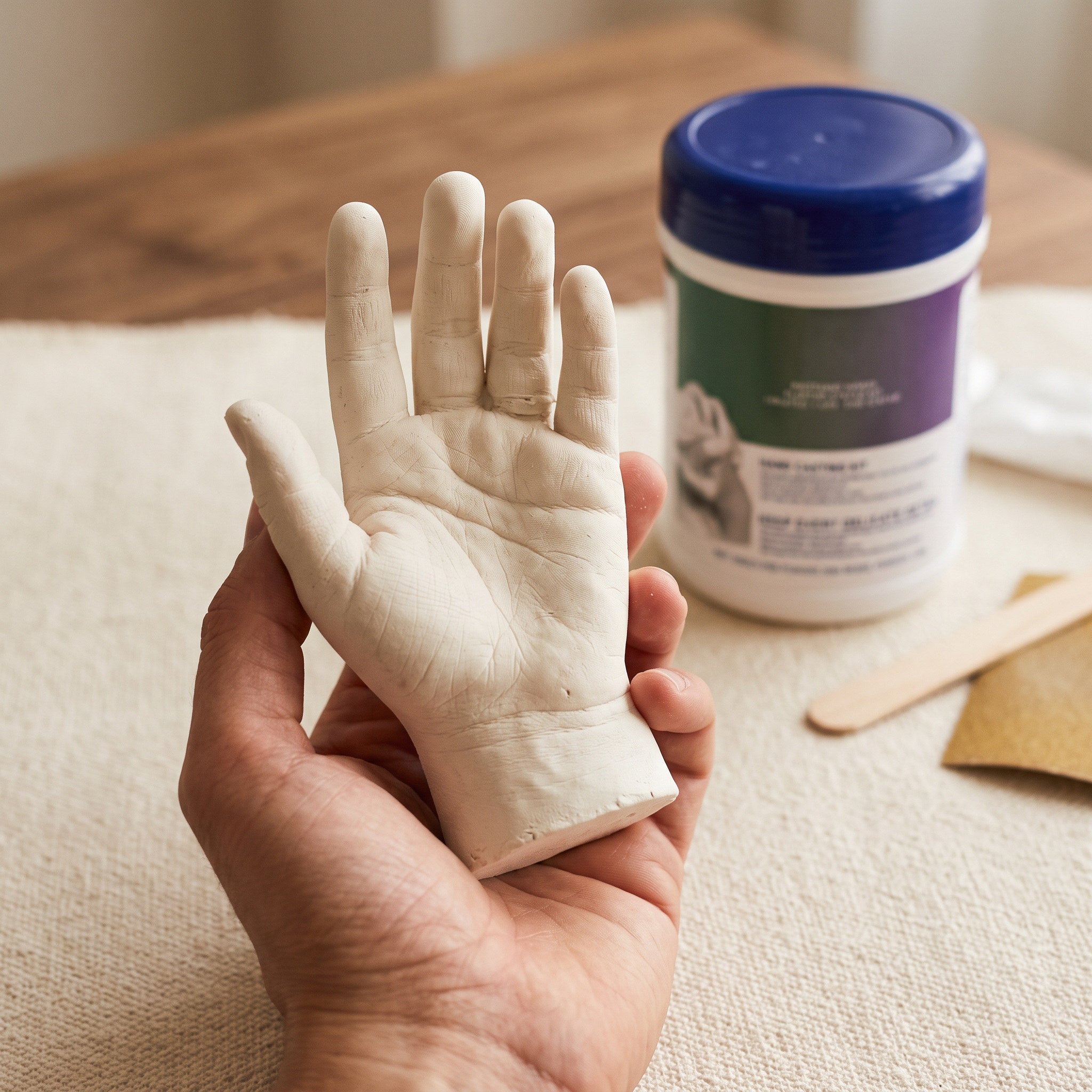 Close-up of fingers and skin creases in a finished white hand cast