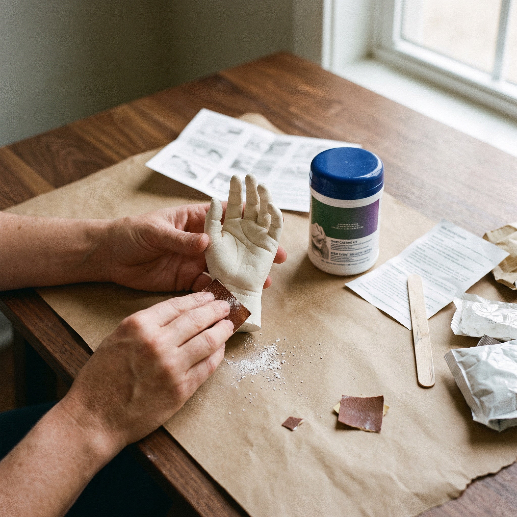Sanding a finished white hand cast