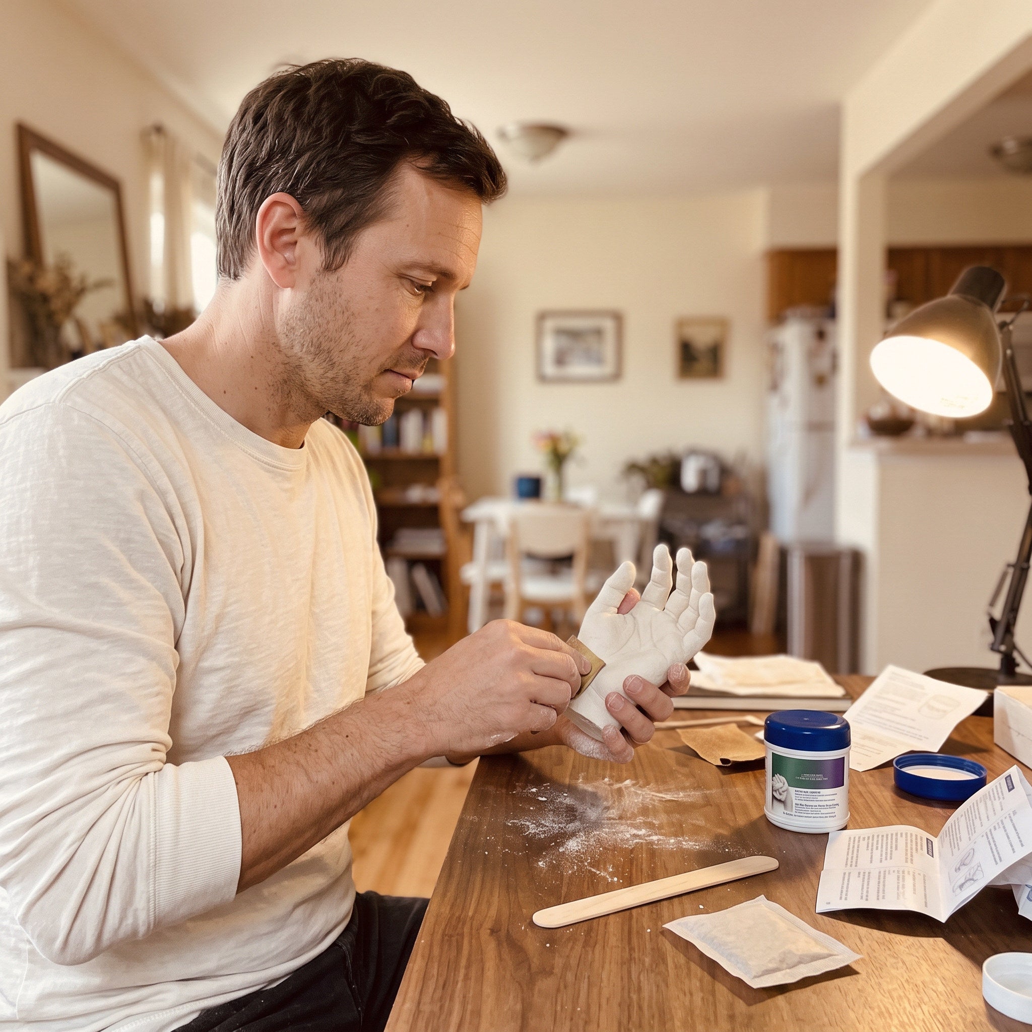 Hold Dear hand casting keepsake in a personal home setting