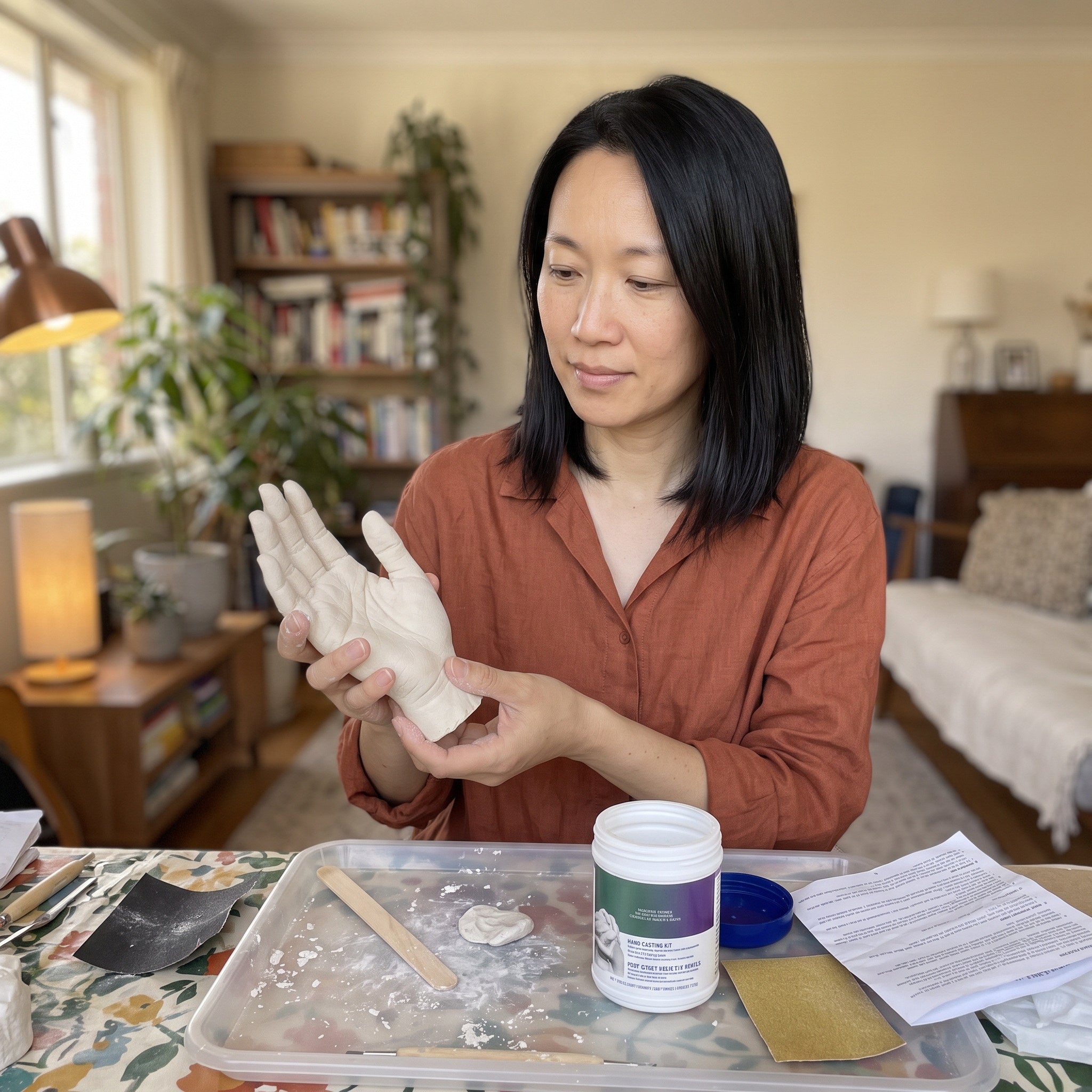 Hold Dear hand casting keepsake in a personal home setting