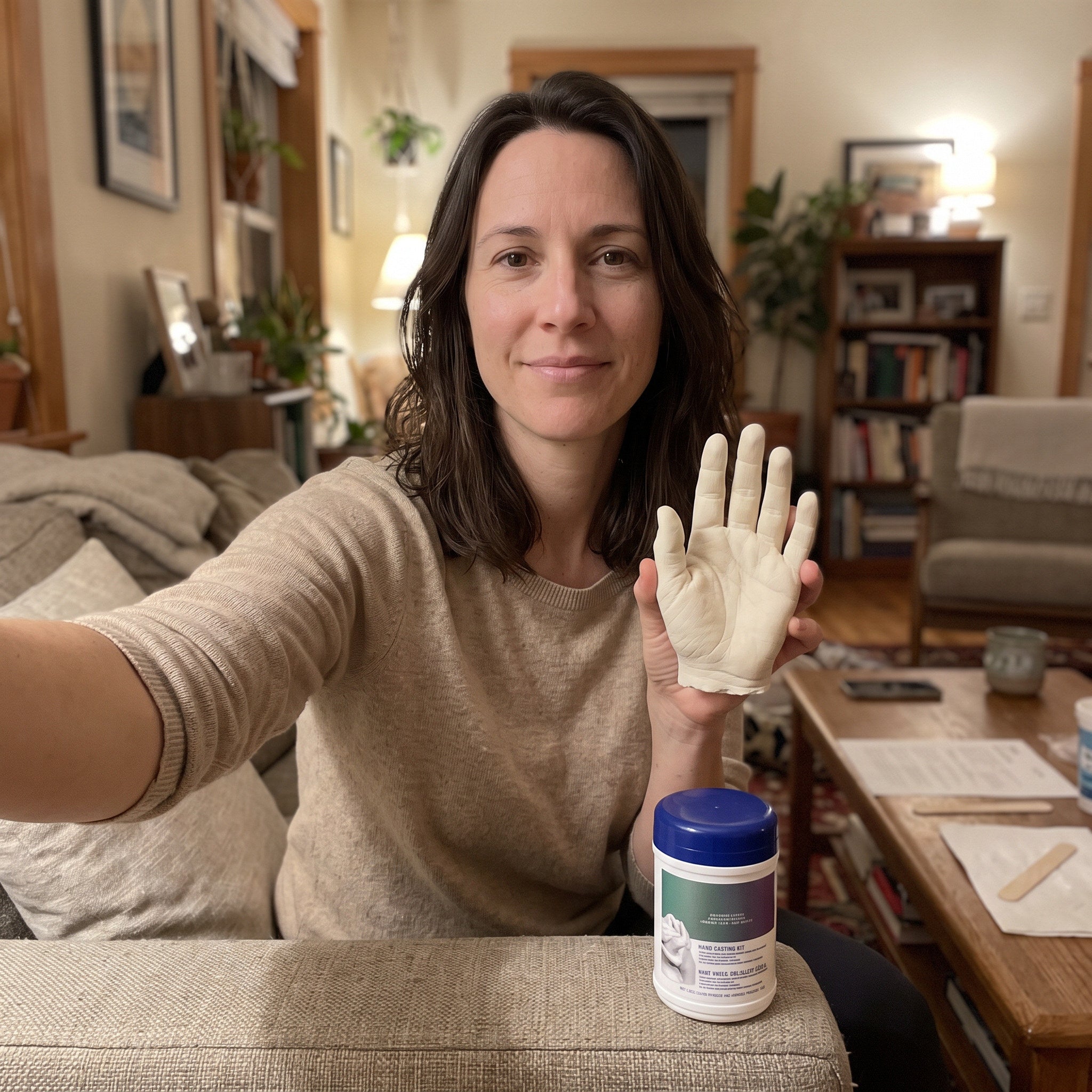 Emma showing her finished hand cast at home