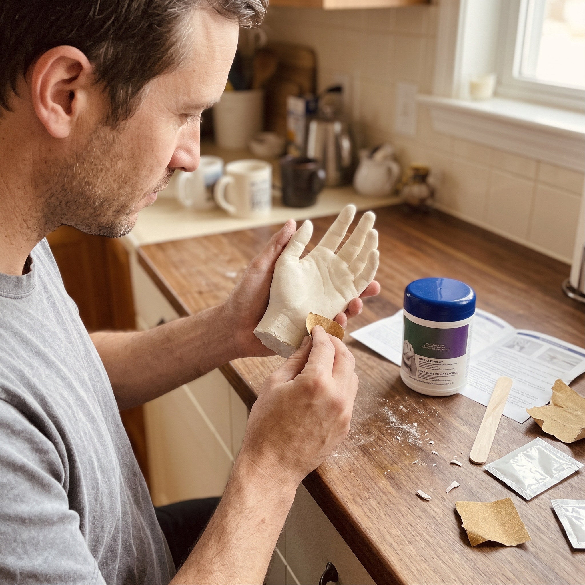 Daniel sanding a white hand cast at a kitchen table