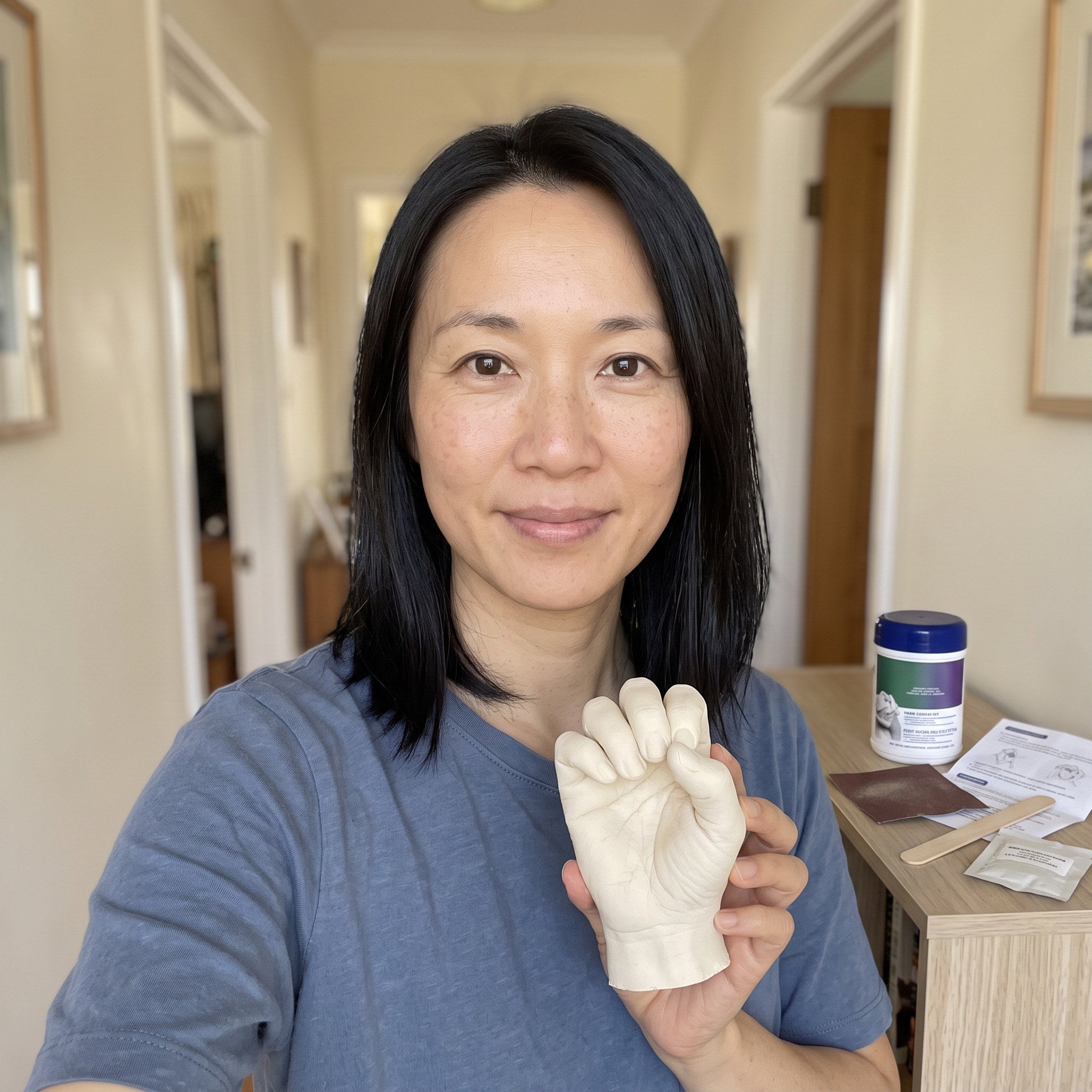 Grace showing her finished hand cast at home