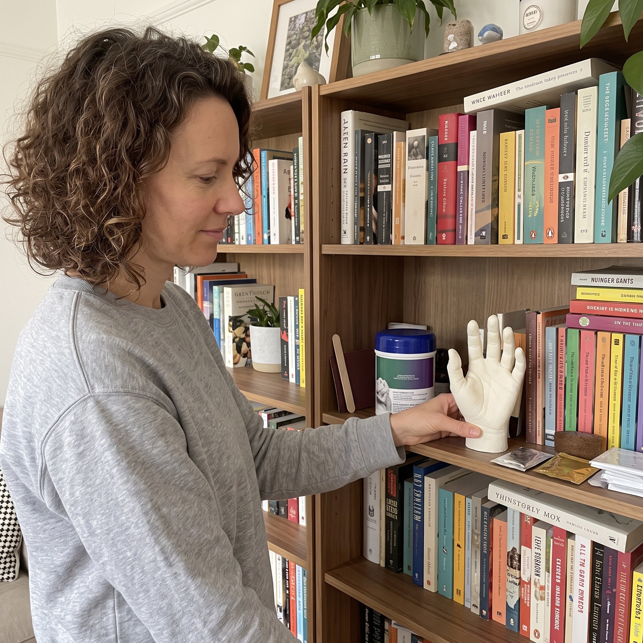 Mia placing a finished hand cast on a bookshelf